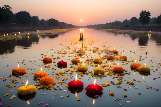 floating flowers with candlelight during Pitru Paksha