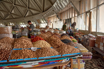 Close-up of the colorful different spices at the Chorsu market in Tashkent, Uzbekistan