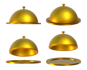 Golden dining bell with golden plate 3d on png transparent background.