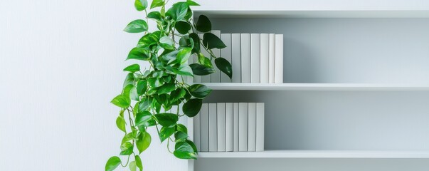 Obraz premium A minimalist bookshelf with white books and lush green plant cascading down, creating a serene and modern aesthetic.