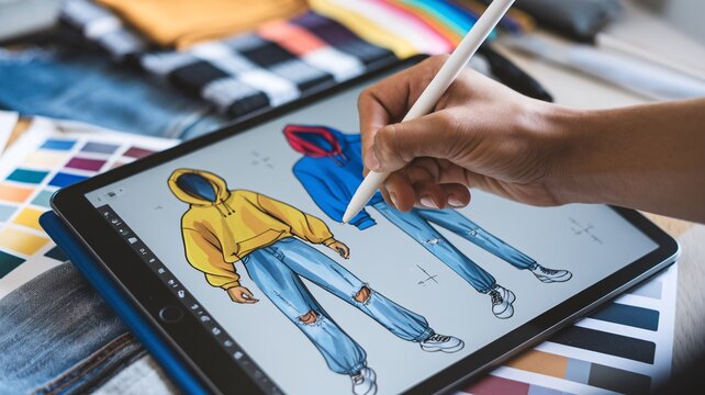 Fashion Design Sketch on Tablet. A designer uses a tablet and stylus to create vibrant fashion sketches amidst a colorful workspace filled with fabric swatches and design tools.