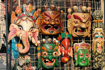 Scary Tibetan wooden masks depicting gods and spirits.