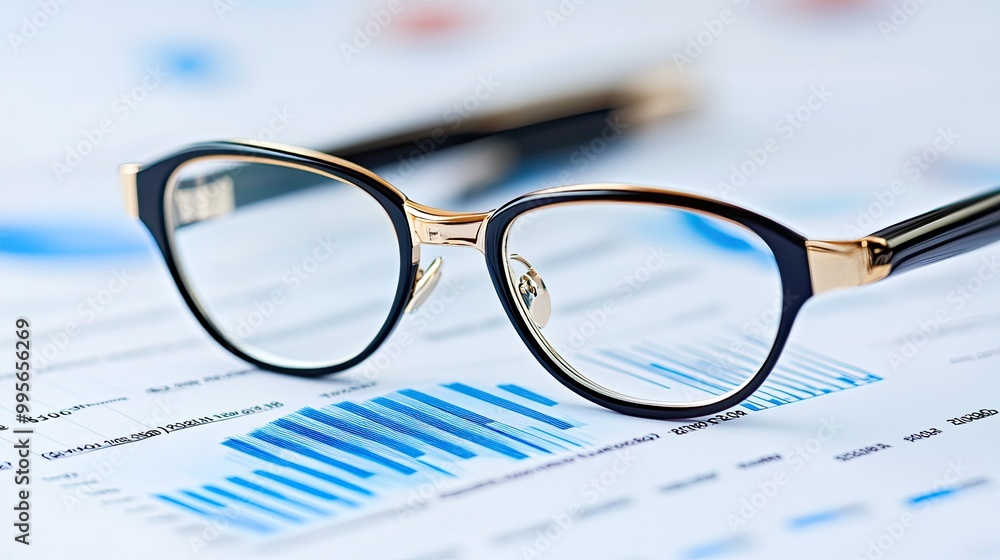 Poster a pair of stylish glasses rests on a financial report featuring charts and graphs, symbolizing analy