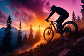 Obraz premium A cyclist is captured riding down a mountain slope against a colorful sunset sky, symbolizing adventure, endurance, and the joy of outdoor mountain biking amidst nature.