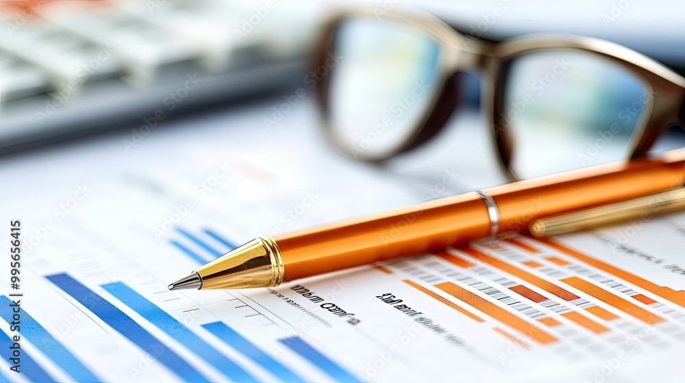 Poster close-up of a pen on financial graphs with glasses and a calculator in the background, depicting dat