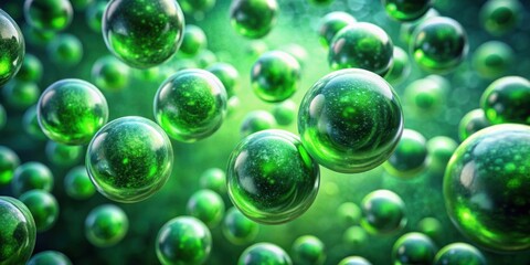 Blurry green spheres with science texture background and film emulation overlay, render,abstract, particles, futuristic