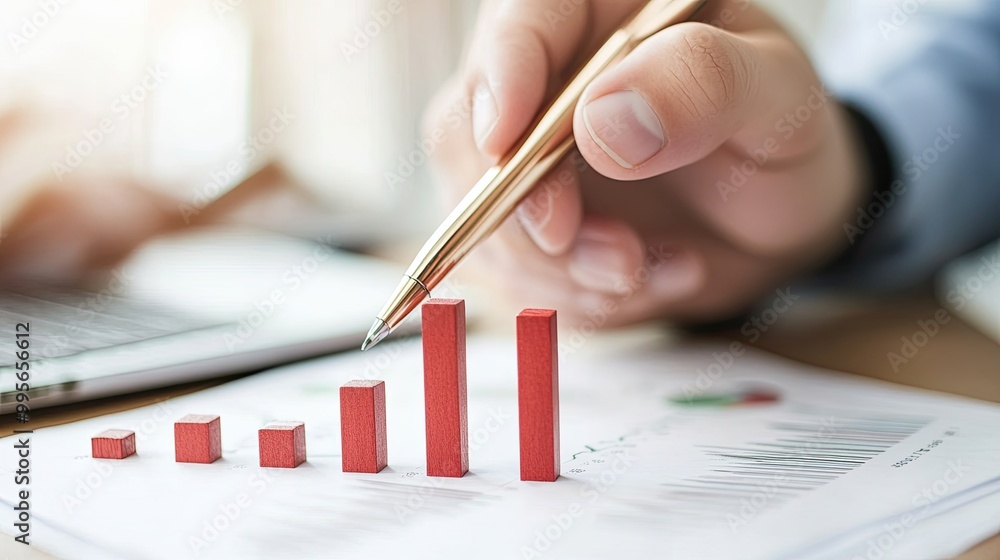 Poster a hand holding a pen points to ascending red bar graphs on a document, symbolizing growth and analys