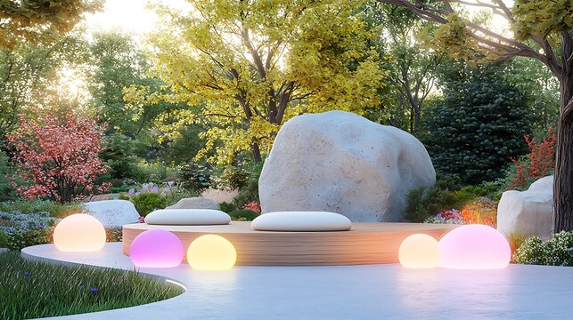 A sleek meditation garden with interactive digital mindfulness guides and neon-lit tranquility zones