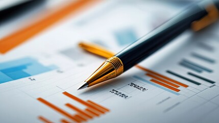 A close-up view of a pen resting on a financial report with colorful graphs and charts, indicating data analysis and business insights.