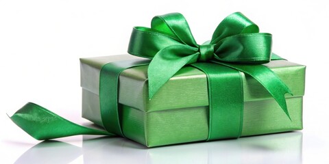Green ribbon tied around a Christmas and birthday present on a white isolated background, gift, celebration