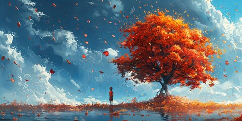 young boy looking at the giant autumn tree at the horizon, digital art style, illustration painting