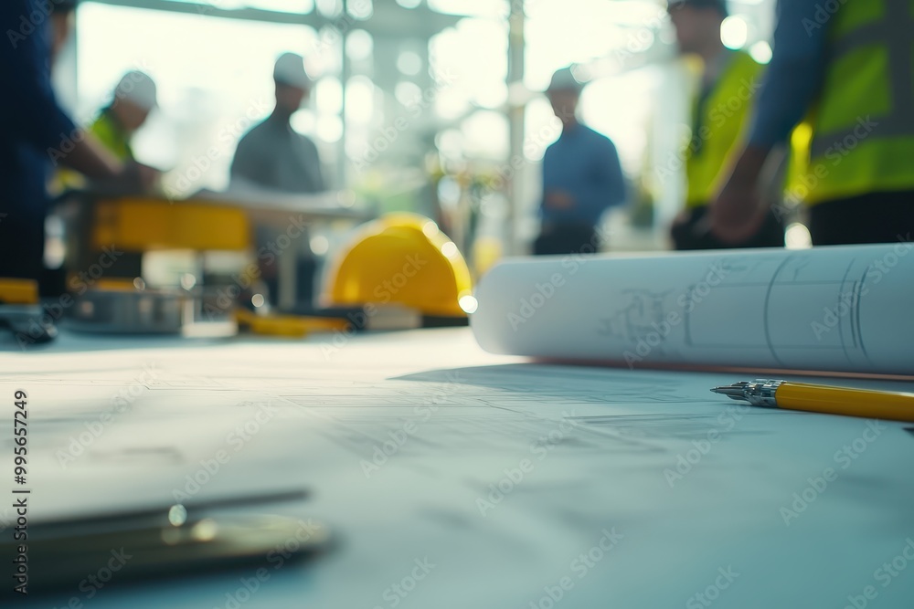 Poster construction site with blueprints and workers collaborating in a professional environment.