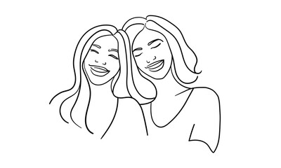 Happy womans continuous line art drawing isolated on white background. Happy girlfriends outline. Vector illustration