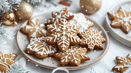 A plate of gingerbread cookies with white icing and snowflake designs