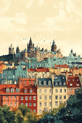 Obraz premium Cardiff, color pen pencil hand-drawn effect drawing illustration for travel poster, card, wallpaper, backdrop or banner. Modern, clear, artistic and simple