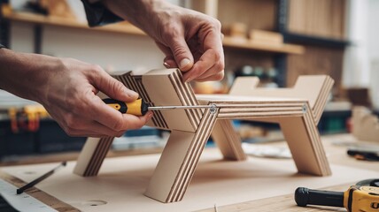 Wooden Structure Assembly. A close-up of a person assembling a wooden structure, with tools and materials visible in the background.