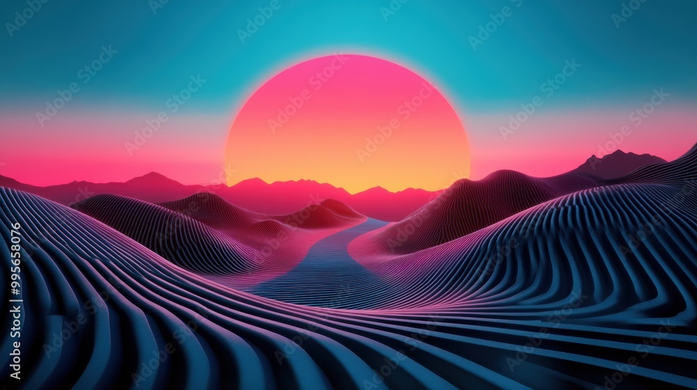Poster a digital landscape where neon lines and shapes create a surreal representation of virtual reality.
