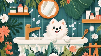 A fluffy dog enjoying a bath surrounded by vibrant plants and beauty products in a cozy bathroom setting