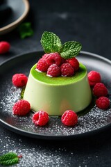 A creamy green dessert topped with fresh raspberries and mint leaves, elegantly presented on a dark plate sprinkled with powdered sugar.