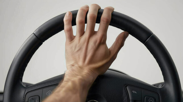 hand holding and pressing the center of the steering wheel in front view isolated on white background