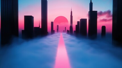 Fototapeta premium A surreal cityscape where towering structures cast long, ominous shadows, illuminated by flickering neon lights.