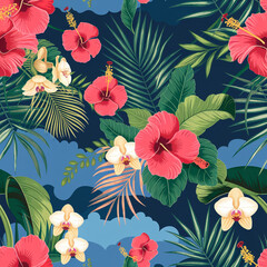 Naklejka premium A seamless pattern filled with exotic hibiscus, palm leaves, and orchids, capturing the essence of a lush tropical jungle in bold, bright colors.