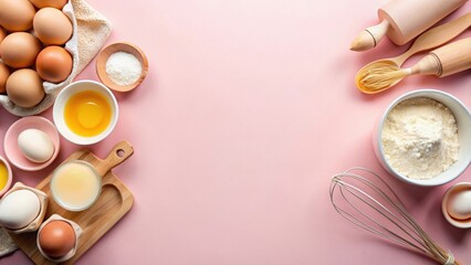 Top view of food ingredients for baking including eggs, flour, butter, oil, and milk on a pink background, eggs, flour