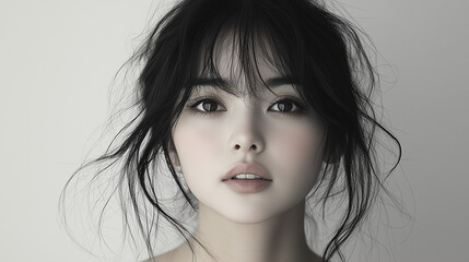 A young Korean woman with tousled hair poses softly against a minimalist backdrop, showcasing natural beauty and serene expression