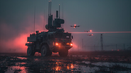 Military vehicle, robotic complex with lasers operates amidst drones. Generative AI