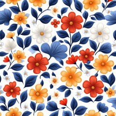 A vibrant floral pattern featuring colorful flowers and leaves on a white background, ideal for fabric or wallpaper design.
