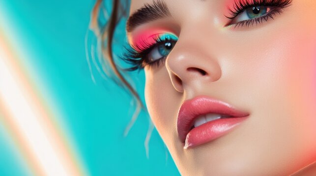A model showcasing a neon inspired makeup look, with bold colors and accents reflecting the latest beauty trends.