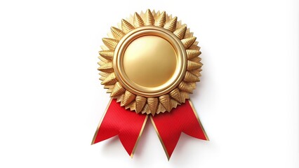 Golden award badge with a red ribbon is shining on a white background