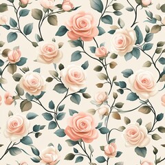 A soft floral pattern featuring pink roses and green leaves on a light background, perfect for décor or fabric design.