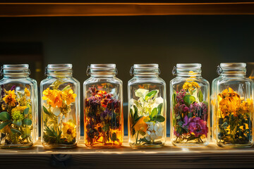 Artistic display of herbal infusions in glass jars.A row of jars with various beautiful flowers on a shelf