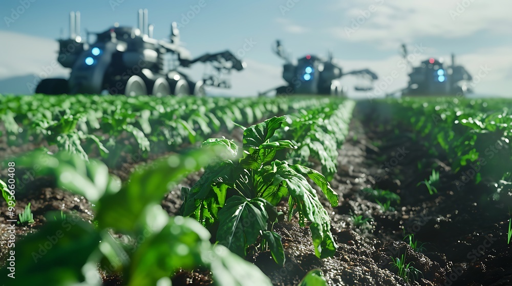 Poster robotic vehicles are working in a field of crops, showcasing the future of agriculture with automate