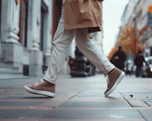Fototapeta premium Urban Scene of Person Walking in Stylish Casual Shoes on City Street, Perfect for Fashion, Lifestyle, and Travel Blogs