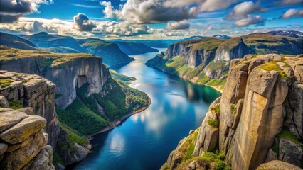 Fototapeta premium Breathtaking view of Kjeragbolten in the stunning Norwegian fjords, Norway, Kjeragbolten, fjords, nature, cliffs