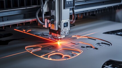 Precision Laser Cutting in Industrial Manufacturing. Advanced laser cutting technology in action, producing intricate designs on metallic surfaces in a high-tech industrial setting.