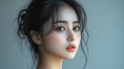 A young Korean woman poses gracefully with a soft expression, highlighting her natural beauty and delicate features in a serene indoor setting