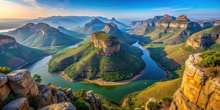 Impressive view of three rondavels and the Blyde river canyon in South Africa , Panorama Route, South Africa