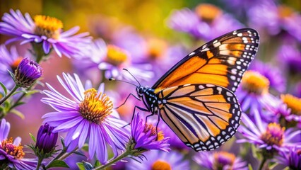Fototapeta premium Monarch butterfly feeding on purple aster flower in summer floral background, Monarch butterfly, purple aster, flower
