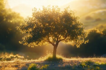 Obraz premium A small, isolated but refreshing tree with sunlight shining from behind after the sunset