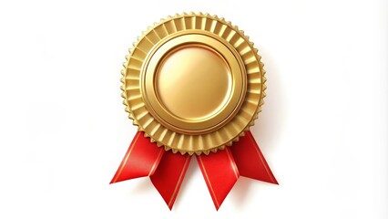 Golden award badge with a red ribbon is shining on a white background