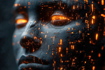 Naklejka premium Human face with techy elemnts, digital transformation concept base art