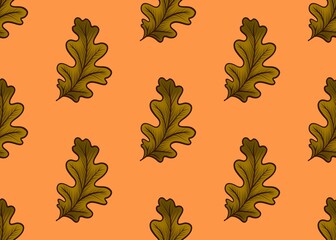 Seamless pattern with dry leaves. Pattern with fallen oak leaves. Green dry oak leaves on a red background.