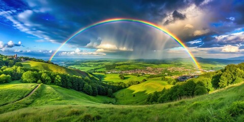 Scenic view of a lush green hillside with a rainbow arching over a distant town under a blue sky, nature, landscape