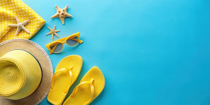 Summer beach concept with yellow accessories on blue background, Summer, beach, concept, accessories