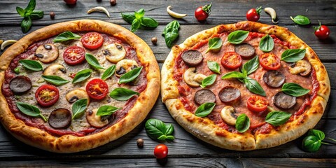 Two delicious pizzas topped with fresh mushrooms and savory pepperoni salami, food, cheese, Italian, cuisine, dinner