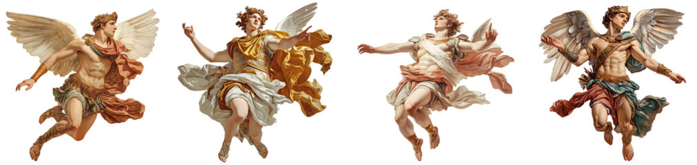Four majestic winged figures soaring through the air transparent background