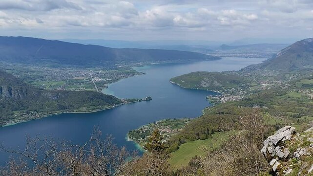 annecy lake, panorama landscape hd video seen from lookout in col de Forclaz in Haute Savoie, france, in springtime